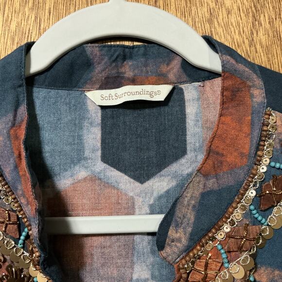 Soft Surroundings Beaded Embellished Tunic Top Blouse Blue Rust Honeycomb Print - Picture 4 of 8
